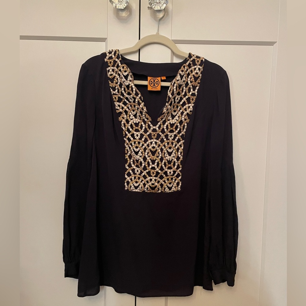Tory Burch Navy Long Sleeve Embellished Blouse